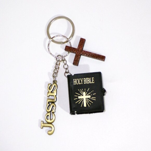 JESUS Bible & Cross Keychain Brushed Gold Metal - Picture 2 of 7